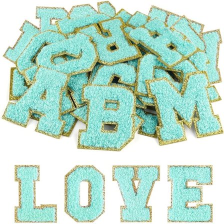 Sæt med 26 patches (blå) selvklæbende chenille med bogstaver d