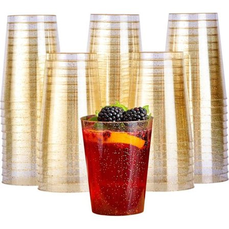 50 Premium-paksua muovilasia, muoviset juhlalasit kultaglitterillä (285 ml / 10 oz) - uudelleenkäytettävät muovilasit, juomalasit
