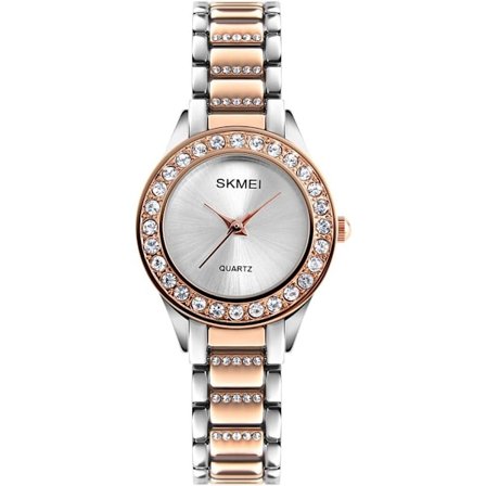 Dam Swarovski Kristallaccentuerad Guldton Rostfritt Stål Quartz Klocka Dam Vattentät Klänning Tvåfärgad Armring Armbandsur