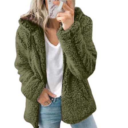 Fleece Fluffy Hettegenser Dame Langermet Jakke Vinter Varm Teddybjørn Cardigan Militærgrønn