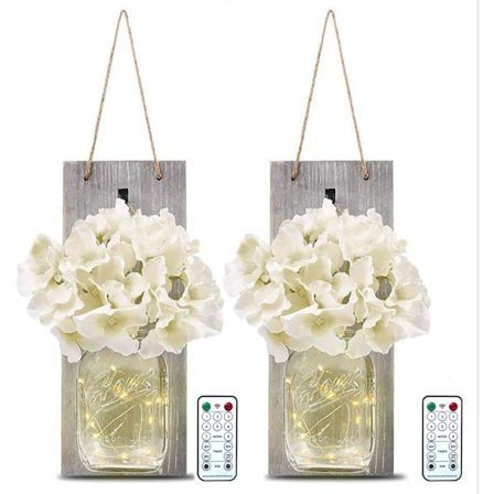 Mason Jar Væglamper med Fjernbetjening - Sæt med 2 Trævæg