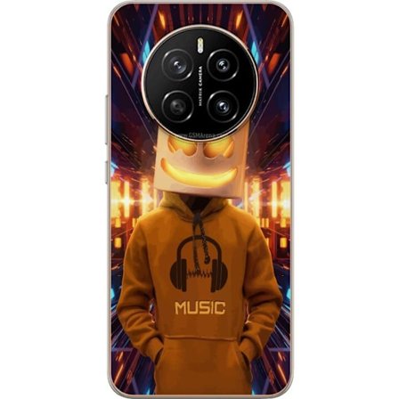 Yhteensopiva Puhelinkuori Honor Honor Magic7 DJ-hahmo valaisevassa kypärässä ja hupparissa futuristisessa musiikkiympäristössä neonvalojen keske