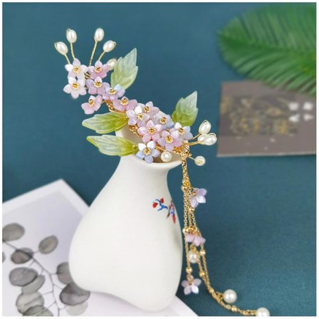 Hanfu kantklämmor hårnål antik söt blomma smycken med långa tofsar för Cheongsam te slitage antik kostym