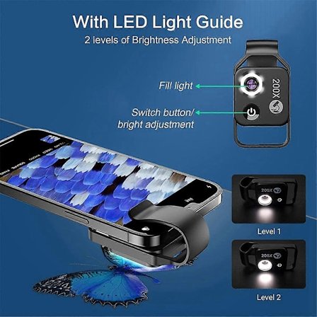 200X Förstoringsmikroskop Mobil LED-lampa Mikro-Typ Fickmakrolins för Ios Android Alla Smartphones, Svart