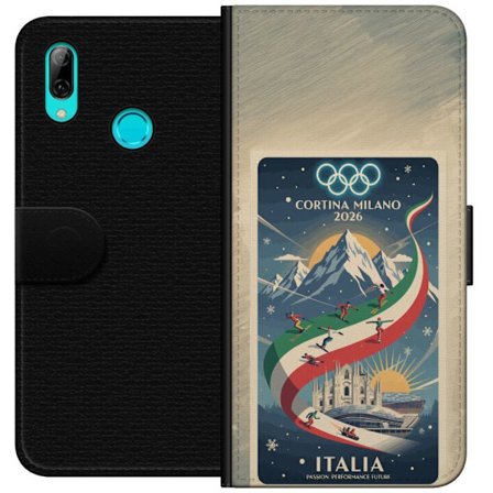 Yhteensopiva Lompakkokotelo Huawei P smart 2019 Mäkihyppykuvitus, jossa hiihtäjä tähtää kiväärillä lumisella radalla, teksti Milano Cortina 2026 ja ol