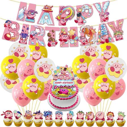 Star Kirby Tema Børnefest Tilbehørssæt Balloner Glad Fødselsdag Banner Kage Toppers Dekorationssæt