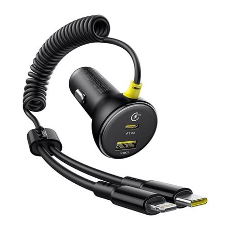 Baseus Biloplader med USB-C og USB + belysning og USB-C-kabel PD 60W - Svart