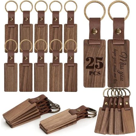 25 stk. nøkkelringer i lær med tre Nøkkelringer i tre med lærreim Ubehandlede tre nøkkelringer for lasergravering DIY Assorterte nøkkelringer