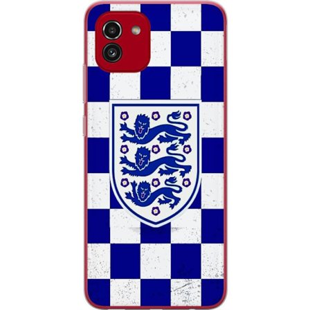 Kompatibel Mobilcover til Samsung Samsung Galaxy A03 Grafisk skakternet mønster i blåt og hvidt med et klassisk heraldisk emblem, retro-inspireret s