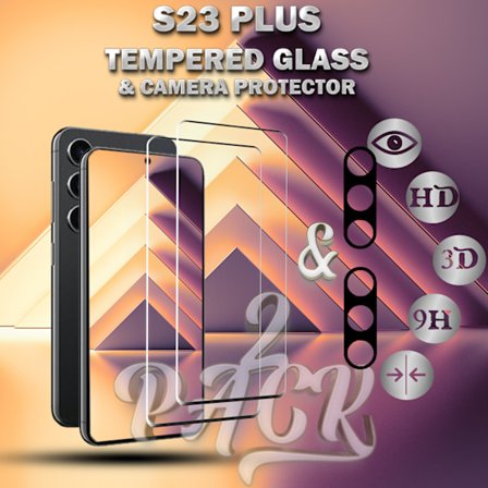 2-Pack Samsung S23 Plus Skärmskydd & 2-Pack linsskydd - Härdat Glas 9H - Super kvalitet 3D