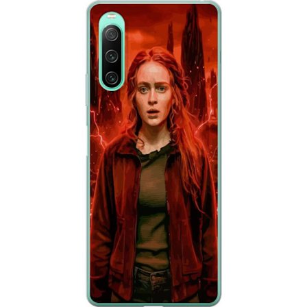 Kompatibelt Mobilskal till Sony Xperia 10 IV Porträtt av en ung kvinna med rött hår i en apokalyptisk landskap, röda blixtar och mörka klippforma