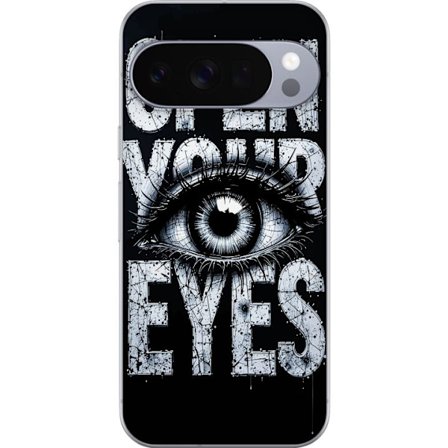 Kompatibelt Mobilskal till Google Google Pixel 10 Pro XL Mörk typografisk illustration med öga och texten Open Your Eyes, stark kontrast och rå kon