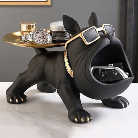 Bulldog Förvaringsfigur, Cool Hundfigur Stor Mun Bulldog Nycklar Snacks Hållare Figur med Förvaringsbricka, Hemmakontor Bordsdekoration, svart_MGF