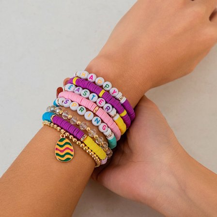 Påske bogstav ler armbåndsæt, farverigt hjerte kanin armbånd