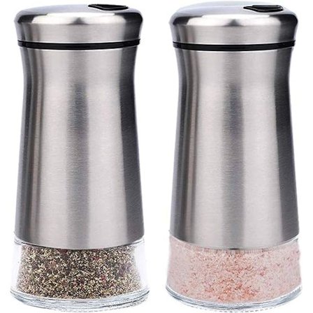 Salt- och pepparkvarn i rostfritt stål med glasbotten och justerbara hål