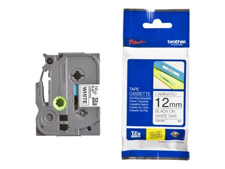 Brother TZe-231 P-Touch 12mm tape Sort på hvit, standard laminert, 8 meter (gir ca 100 etiketter)