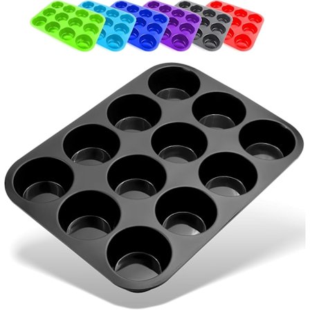 Muffinsform i silikon med 12 hull | Non-stick muffinsformer for baking | Perfekt gave til bakere | Tilbehør for hjemmekokker | Svart