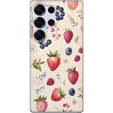 Kompatibel Mobilcover til Samsung Galaxy S25 Ultra Sommerlig bær mønster med jordbær, blåbær og blomster i akvarel stil - trendy og lys design i bløde