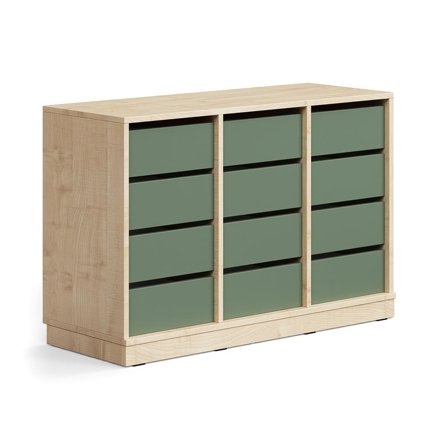Student storage CASPER, 12 drawers, base frame, birch/dark green