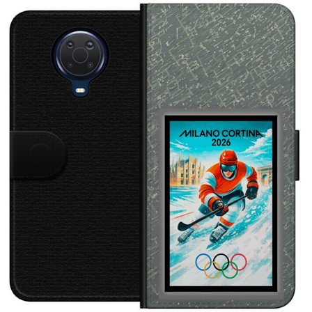 Yhteensopiva Lompakkokotelo Nokia G20 Curlingkuvitus pelaajilla ja kivillä jäällä, Milano Cortina 2026, lumisia roiskeita ja olympiasormukset