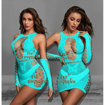 Seksikäs yöasu Babydoll Body Lingerie Seksikäs Hot Eroottinen Viettely Olkaimeton Body Pitkähihainen Catsuit Mekko + Käsineet