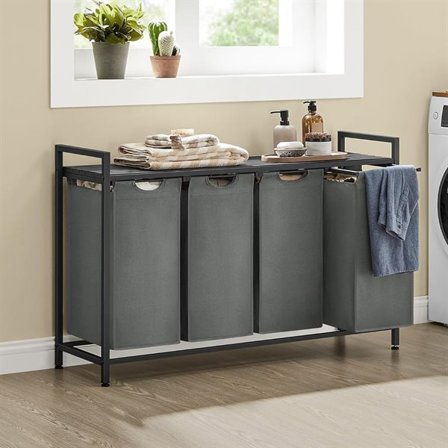 Tvättkorg med 4 utdragbara fack och hylla i trä – Svart/Grå