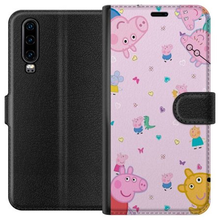 Kompatibelt Lommeboketui til Huawei P30 Peppa Gris med en baby i armene, mamma gris motiv i fargerik og myk barneillustrasjon med hjerter
