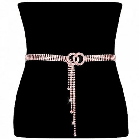 Dam Strassbälte Silver Glänsande Diamant Mode Kristall Dam Dubbel O-Ring Midjebälte för Jeans Klänningar Av AVEKI, 5-roséguld, 120 cm