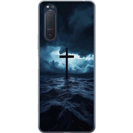 Sony Xperia 5 II Gjennomsiktig deksel Kors i stormfullt hav dramatisk kristen himmel mørke bølger religiøs kunst tro kors hav himmel åndelig tapet