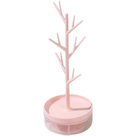 Vaaleanpunainen koru-teline haaralla, pyörivällä pohjalla ja säilytyslokerolla, pieni korvakoru-kaulakoru puuteline torni, hiuslenkkipidike roikkuva 