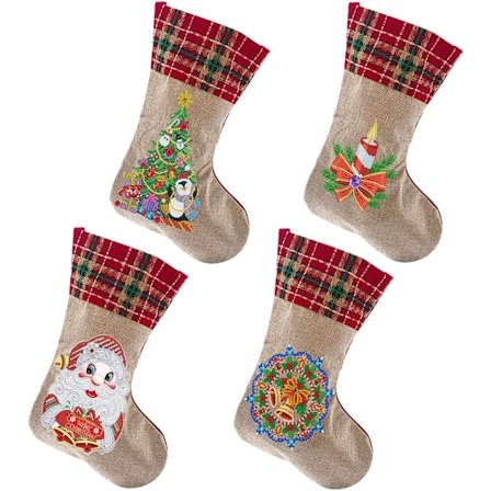 Julstrumpor Diamantmålningskit för Vuxna Nybörjare, 4-pack Öppen Spis Hängande Strumpor, DIY Rhinestone Målning Julgransprydnader Christmas 2