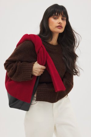 Premium Selection Pull en maille de mohair à encolure ronde - Qualité premium - Brun - S (EU 34-36)