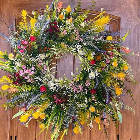 Forårsdørkrans til udendørs hoveddør, byder sommerblomster velkommen, vejrbestandig grøn krans hele året rundt, hjem, landlig udendørs indretning