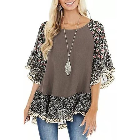 Kvinnors casual leopard blommigt tryck t-shirts med medellång ärm