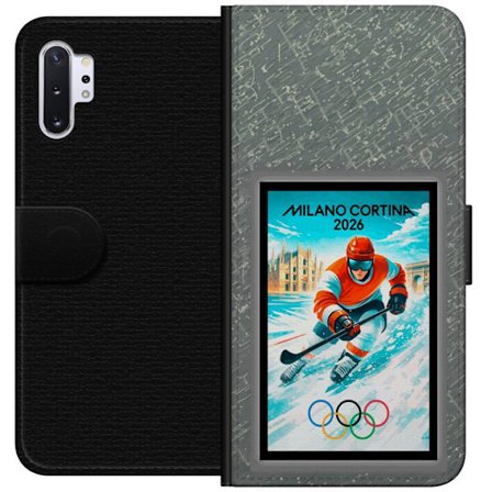 Yhteensopiva Lompakkokotelo Samsung Galaxy Note10+ Curlingkuvitus pelaajilla ja kivillä jäällä, Milano Cortina 2026, lumisia roiskeita ja olympiasormu