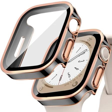 Lämplig för äpplen Tempered Glass+ Cover för Apple Watch 9 8 7 45mm 41mm PC Bumper Skärmskydd Case iWatch Series 7 6 5 4 SE2 44mm 40mm 5 black pink 