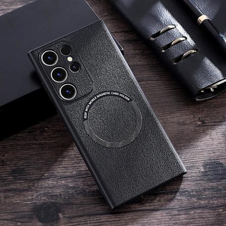 For S24 Ultra Leahter Case, Magnetisk deksel kompatibel med Samsung Galaxy S24 Ultra Magsafe trådløs lading beskyttelse Slim Thin Black