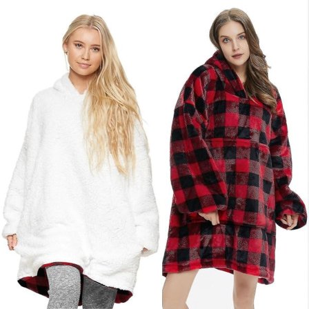 Hettegenser Oversized Sherpa Fleece Ultra Giant Comfy Hoodie Rød Svart Grid Voksen