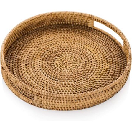 Rattan Serveringsbakke med Håndtag, 30 cm Håndvævede Kurvebakker, Rustik Dekorativ Bakke til Morgenmad, Drikkevarer og Snacks