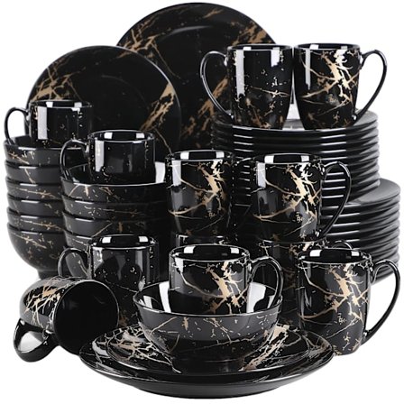 Porslinservis Set, Elegant Svart Guld Design, Passande för 4-12 Personer,48-delar