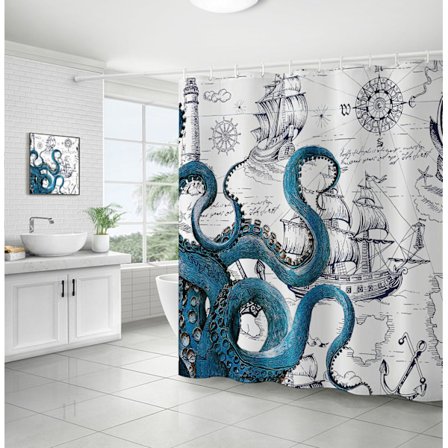 180x180cm Hieno mustekala suihkuverho Anime merellinen suihkuverho Teal Kraken suihkuverho Purjehdus
