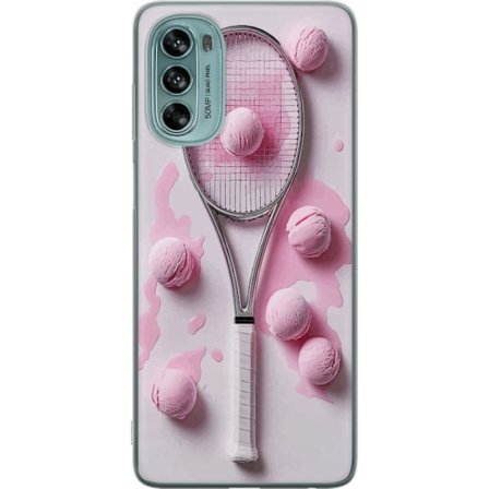 Kompatibel Mobilcover til Motorola Motorola Moto G62 5G Rosa glaskugler og tennisketsjer i et kreativt stillbillede med legende popfølelse og moderne