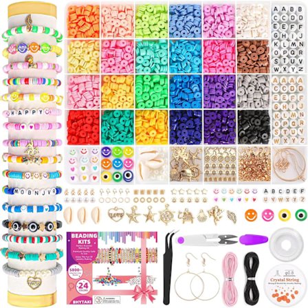 5800 PCS Leireperler Armbånd Lagingssett, 24 Farger Flat Preppy Perler for Vennskap Smykke Laging, Polymer Heishi Perler med Charms DIY Kunst og 