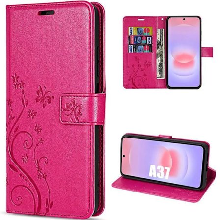 Cover til Samsung Galaxy A37 5G, Beskyttelse i Syntetisk Læder med Blomster- og Sommerfuglemotiv - Fuchsia