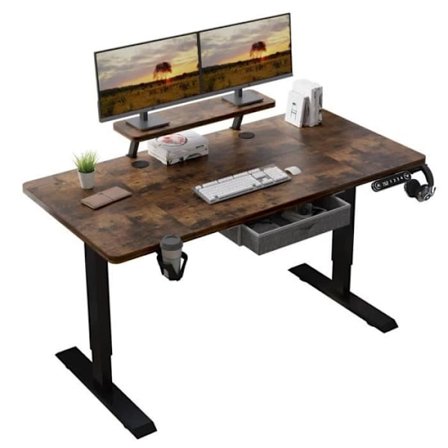 Elektrisk sidde-stå skrivebord - RADLOVE - 140 cm - Brun - Højdejusterbar - Opbevaring og hylde