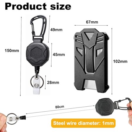 Indragbar ID-korthållare, indragbar nyckelring med 31,5 tum tjock stålsnöre, kraftig karbinhake, för nyckelring ID