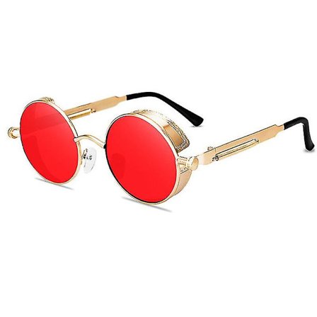 Steampunk Cyberpunk Runda Solglasögon Vintage Retro Cirkel Glasögon Guld Ram Röda Linser