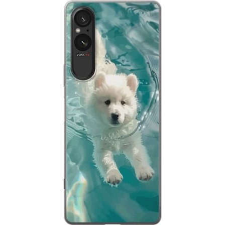 Kompatibelt Mobildeksel til Sony Xperia 10 VI Nydelig valp som svømmer i bassengvann, hvit valp på blå turkis bakgrunn, sommerillustrasjon trykk kunst