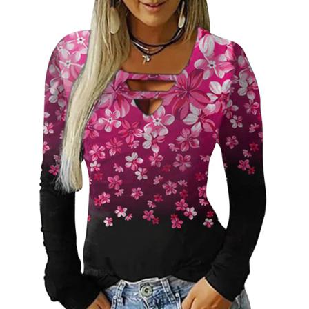 Kvinnor Print V-hals Tröja Långärmad Ihålig T-shirt