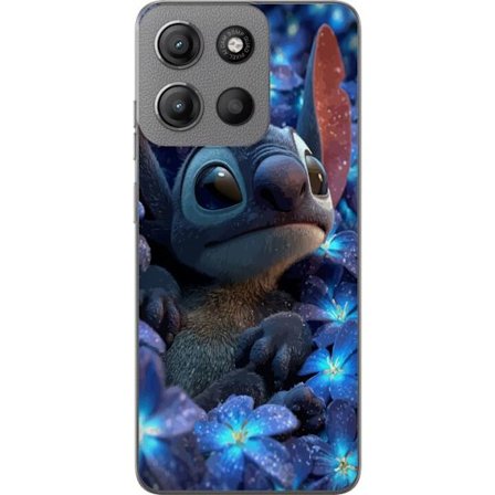 Kompatibel Mobilcover til Motorola Moto G15 Stitch i en blå blomsterbed med bløde farver og drømmende Disney-følelse, hvor Stitch sidder omgivet af bl